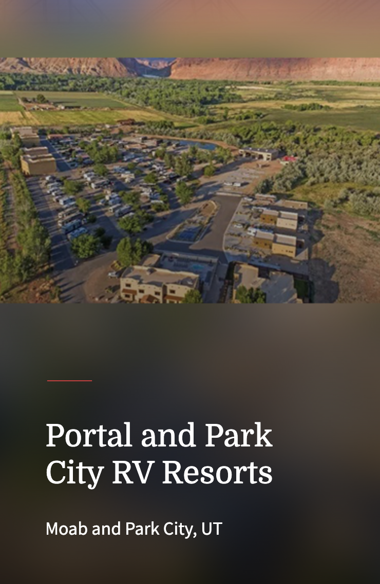 An aerial view of Portal and Park City RV Resorts in Moab and Park City, UT, set against a backdrop of red rock cliffs and lush greenery. The resort features rows of RVs, modern buildings, paved roads, and well-maintained landscaping. The surrounding area includes open fields and a winding river, highlighting the natural beauty of the region. The text overlay at the bottom displays the property's name and locations.